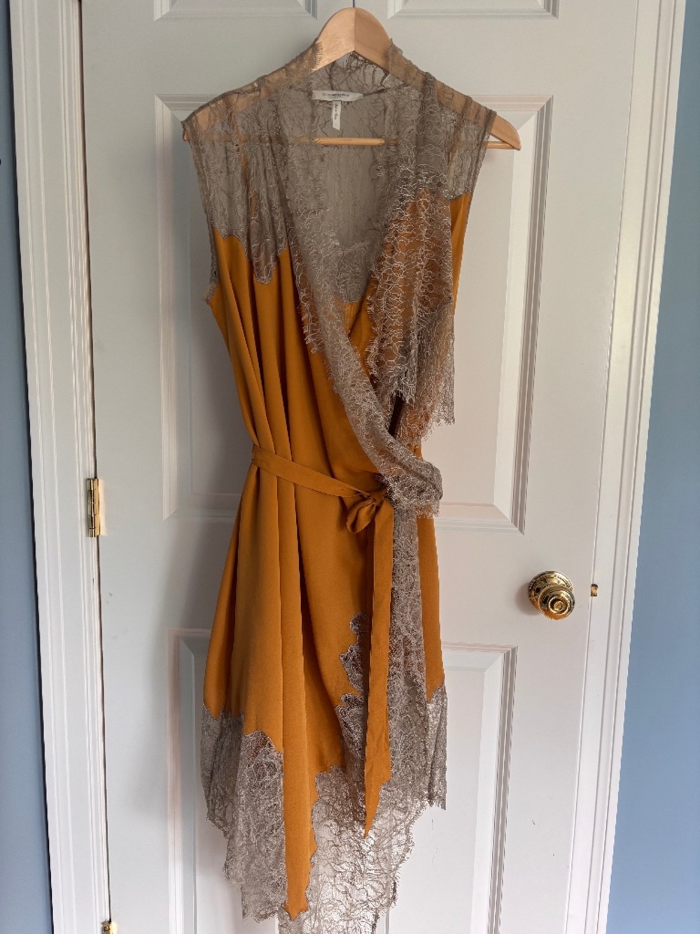 BCBG Max Azria Runway gold lace wrap silk dress